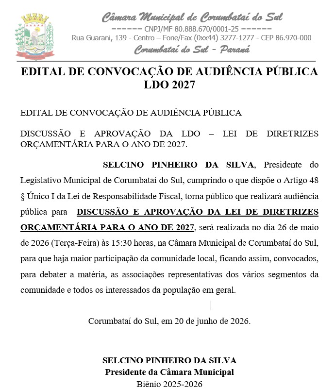 EDITAL DE CONVOCAÇÃO DE AUDIÊNCIA PÚBLICA LDO 2027