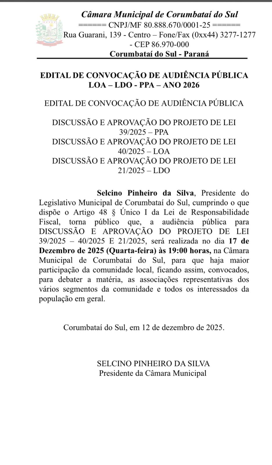 EDITAL DE CONVOCAÇÃO DE AUDIÊNCIA PÚBLICA LOA – LDO - PPA – ANO 2026