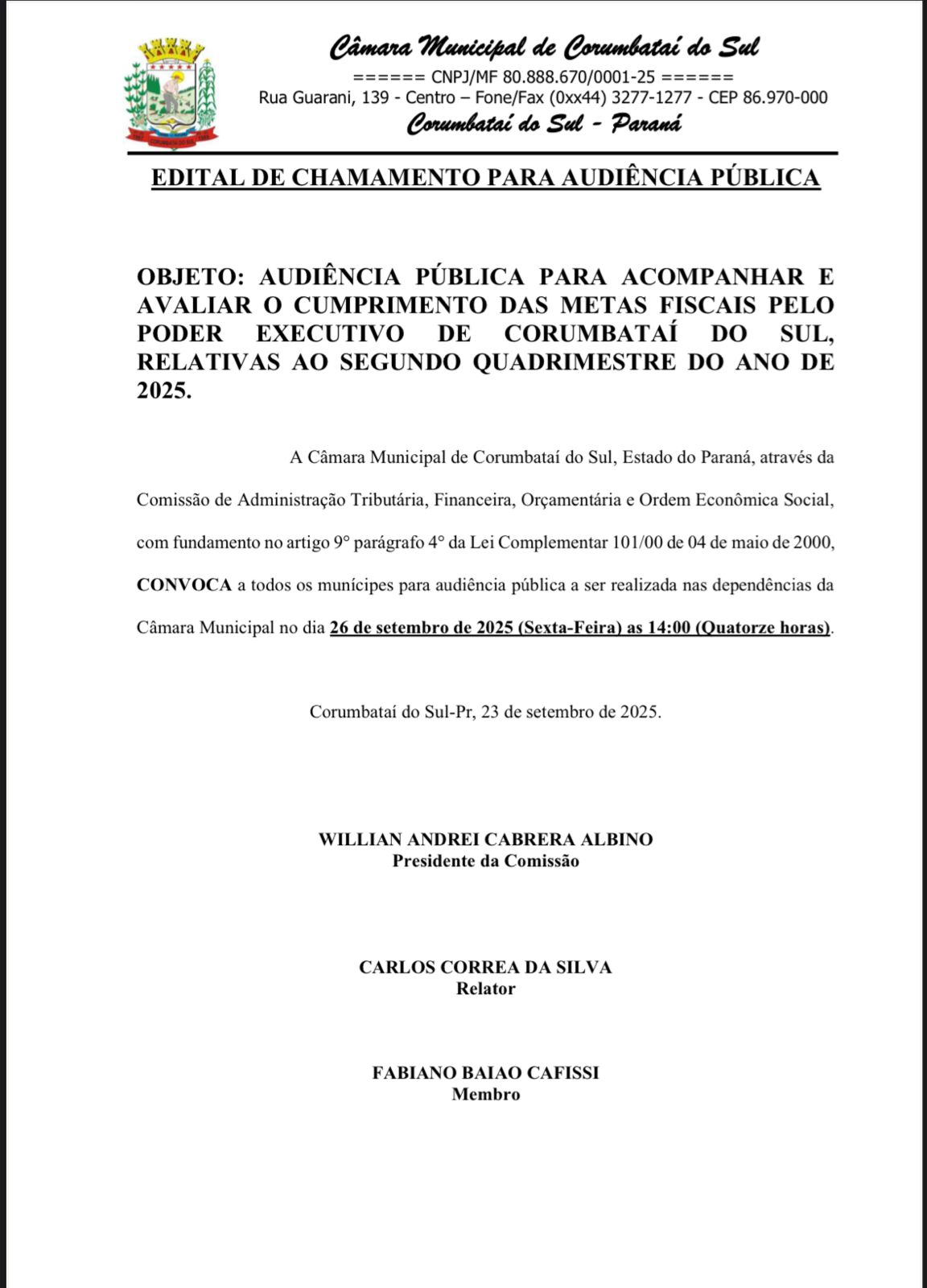 EDITAL DE CHAMAMENTO PARA AUDIÊNCIA PÚBLICA