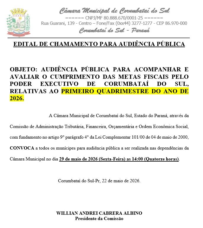 EDITAL DE CHAMAMENTO PARA AUDIÊNCIA PÚBLICA - PRIMEIRO QUADRIMESTRE DO ANO DE 2026.